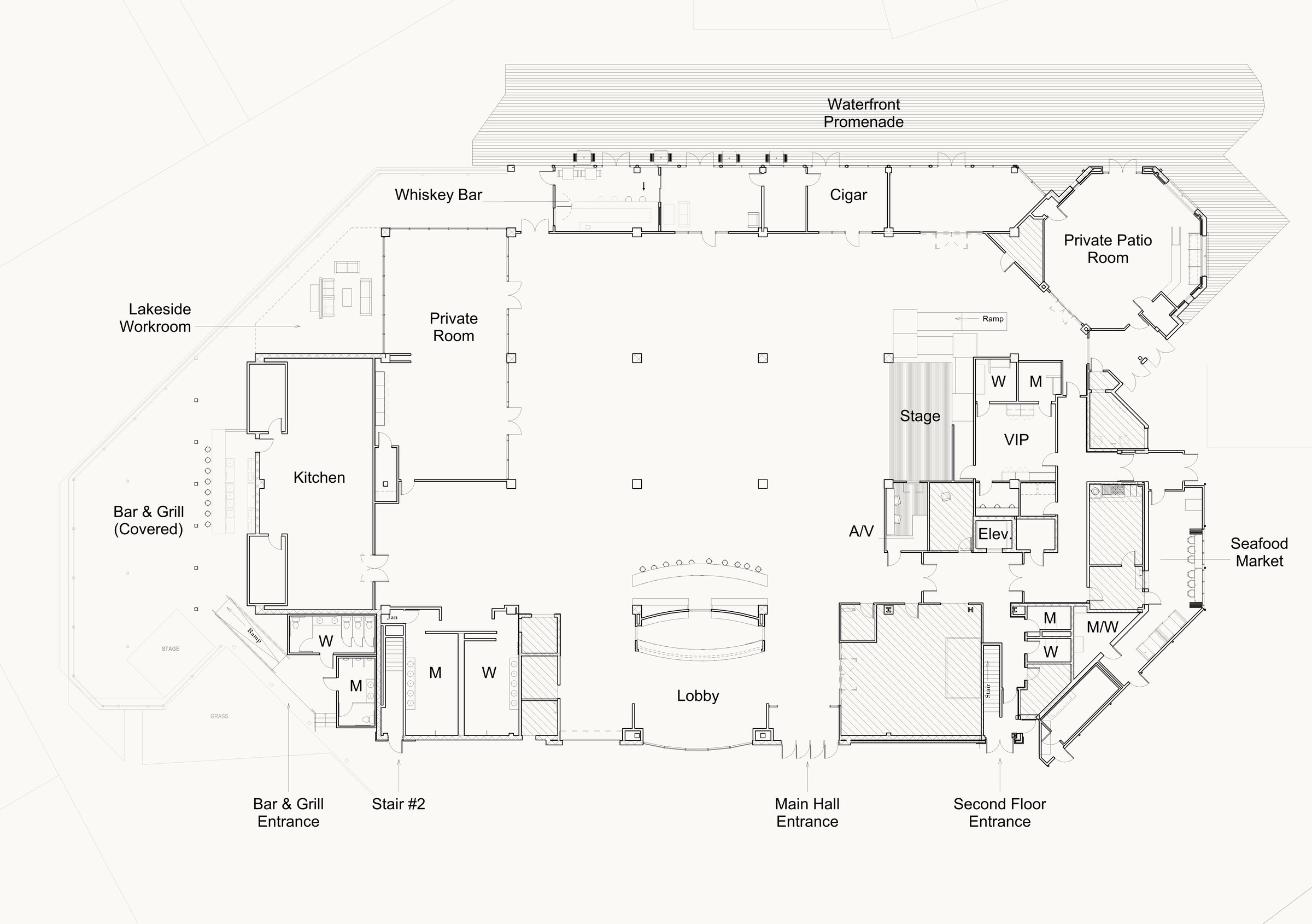 First floor plan: Main Hall, Private Room, Private Patio Room, VIP, Whiskey Bar, Seafood Market, Lakeside Workroom, and the covered Bar and Grill along the Waterfront Promenade