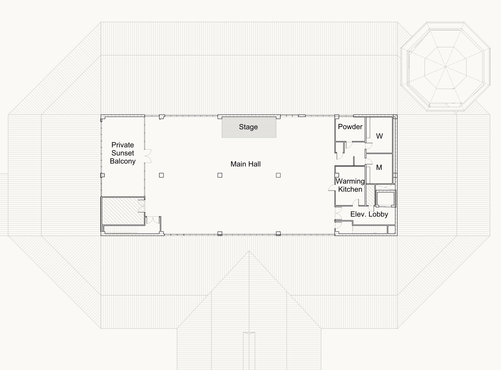 Second floor plan: Main Hall with stage, Private Sunset Balcony, Powder Room, warming kitchen, restrooms, and elevator lobby