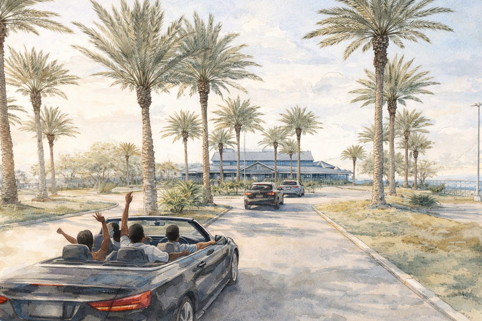 Palm-lined arrival drive at South Shore Harbor Marketplace